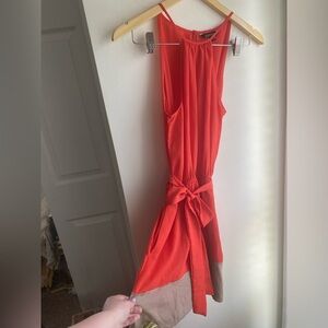 EXPRESS Coral Tan Sleeveless Mini Halter Neck Dress Bow Tie Fit & Flare Sz Small